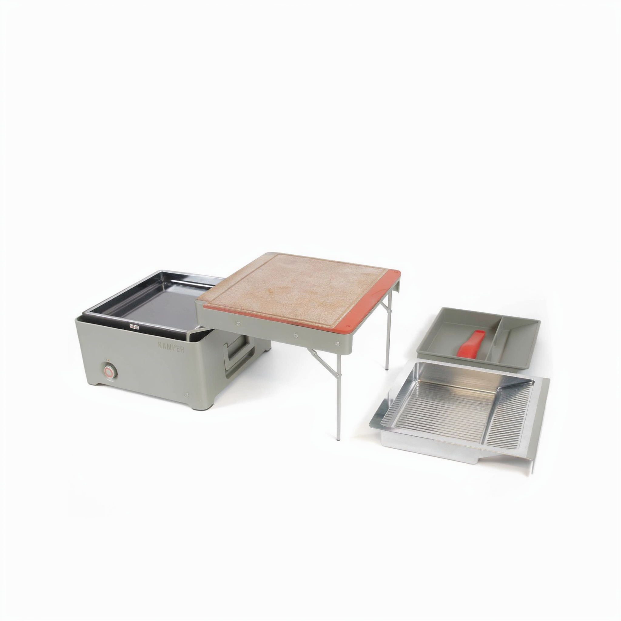 KAMPER product detail showing cooking box, prep table with bamboo cutting board, griddle and accessory trays