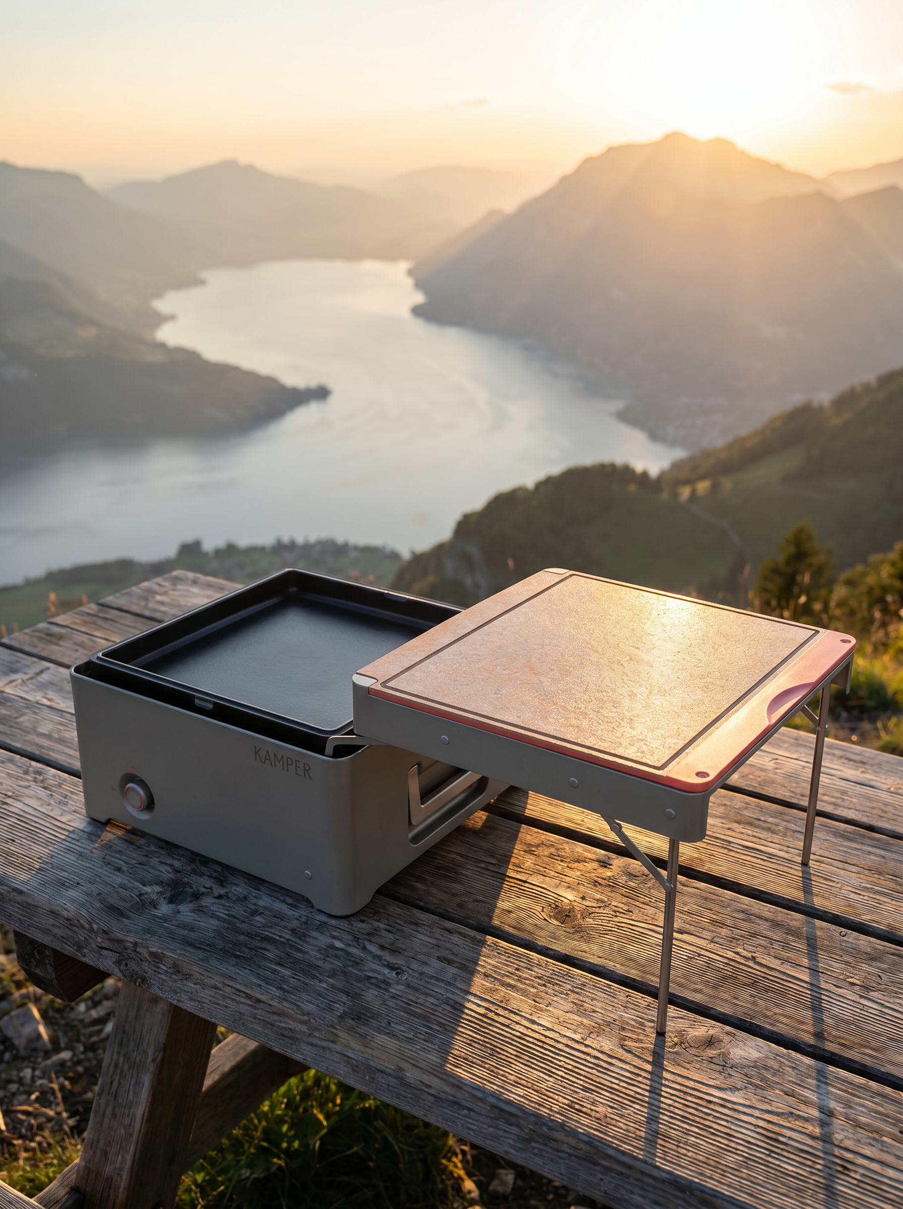 Mountain lake view with KAMPER grill setup at golden hour